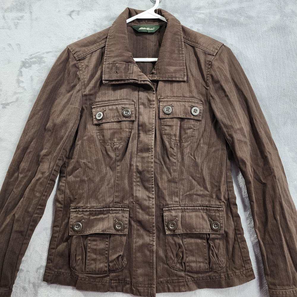 Vintage Eddie Bauer Jacket Womens XS Brown Herringbone Cotton Utility Military - Picture 2 of 13